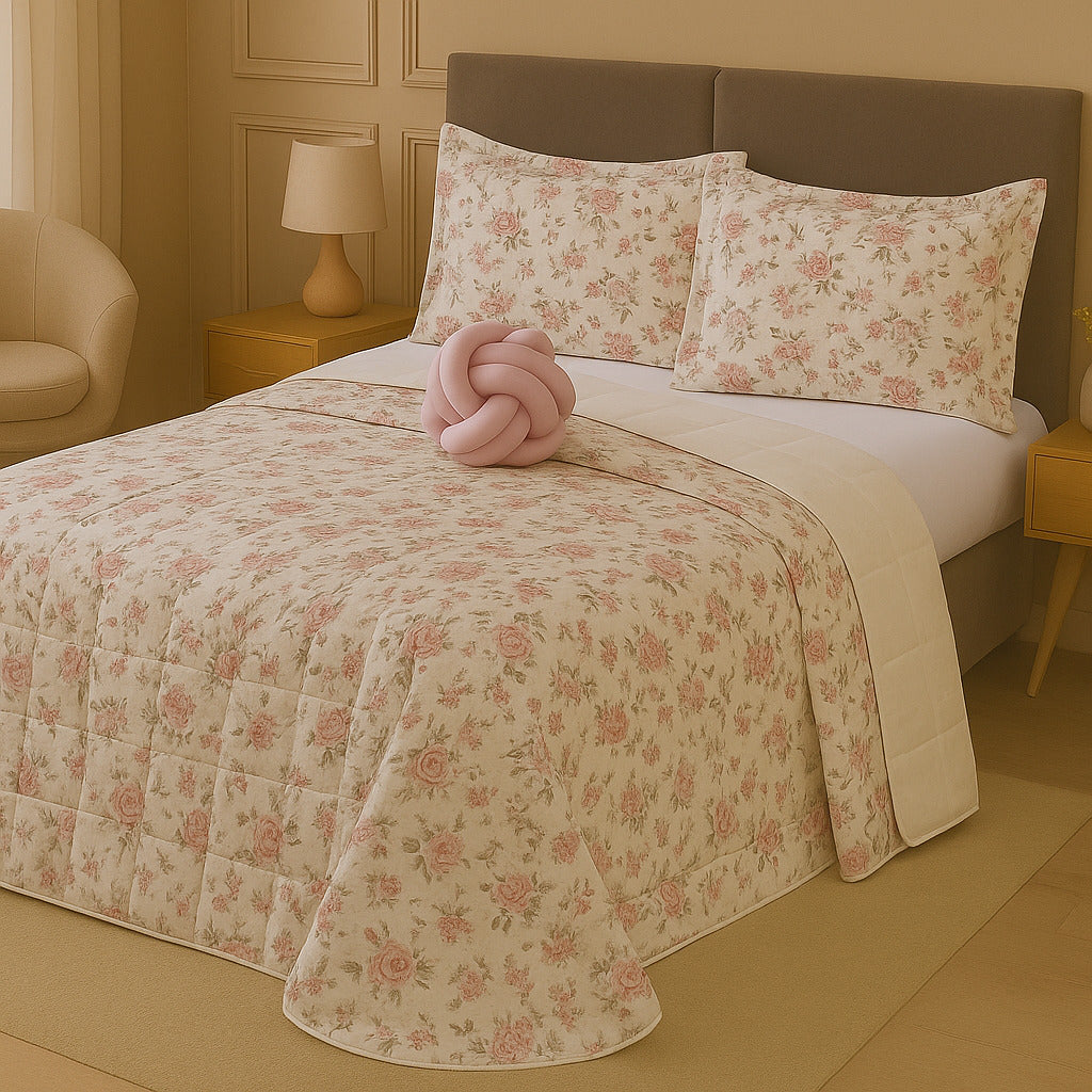 Kit Colcha Cobre Leito Casal Padrão Dupla Face Elegance Algodão Percal 180 Fios – Toque Macio e Conforto Premium