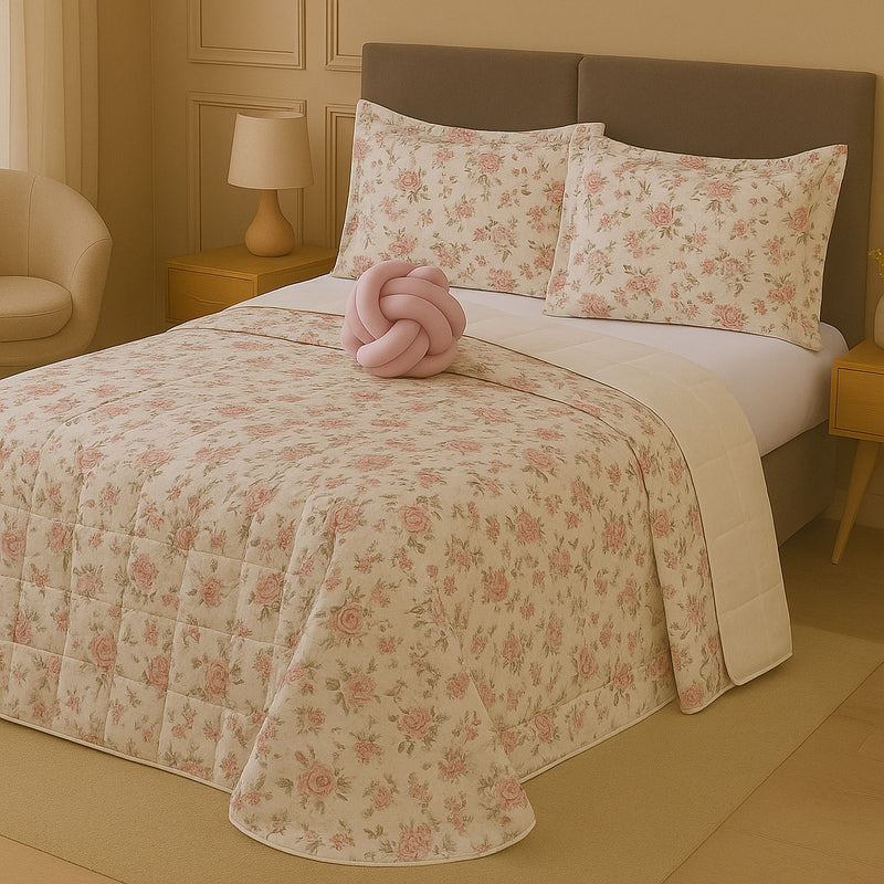 Kit Colcha Cobre Leito Casal Padrão Dupla Face Elegance Algodão Percal 180 Fios – Toque Macio e Conforto Premium