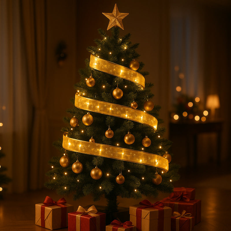 Laço de Fita de Natal com Luzes LED 10m – Decoração Iluminada para Árvore e Ambiente