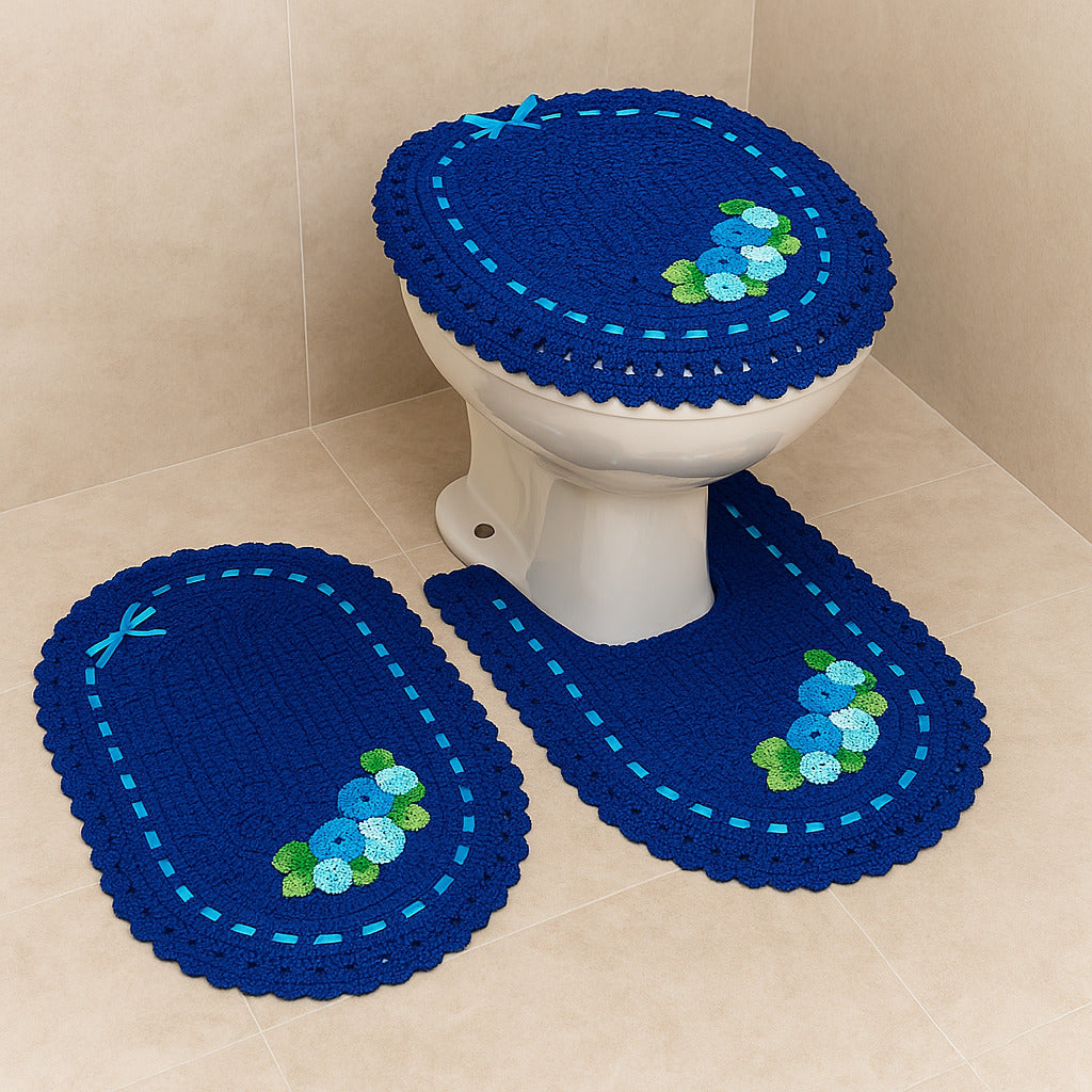 Jogo de Banheiro em Crochê 3 Peças Colorido com Fita Bordado – Artesanal e 100% Algodão
