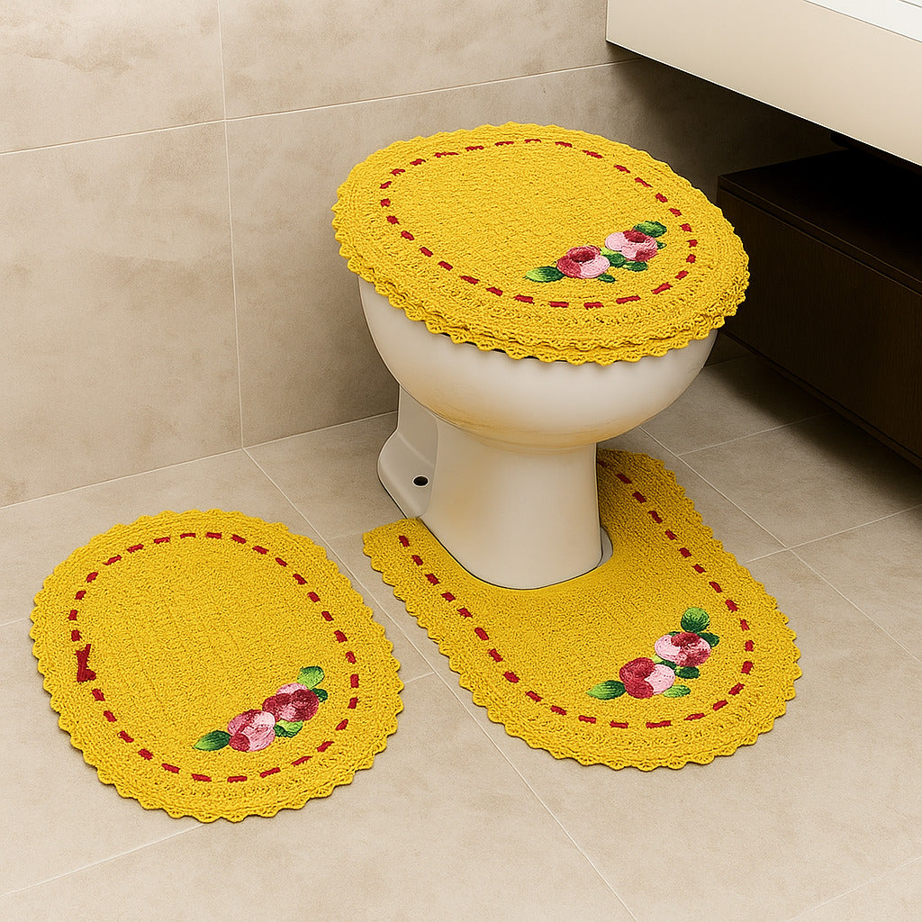 Jogo de Banheiro em Crochê 3 Peças Colorido com Fita Bordado – Artesanal e 100% Algodão