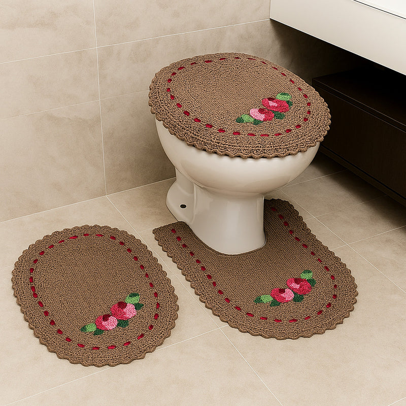Jogo de Banheiro em Crochê 3 Peças Colorido com Fita Bordado – Artesanal e 100% Algodão