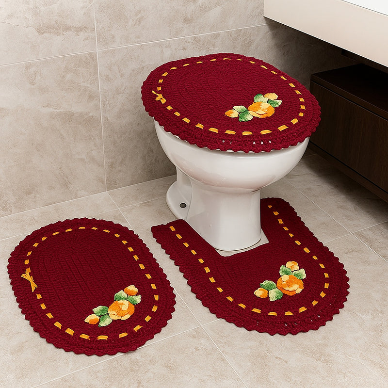 Jogo de Banheiro em Crochê 3 Peças Colorido com Fita Bordado – Artesanal e 100% Algodão