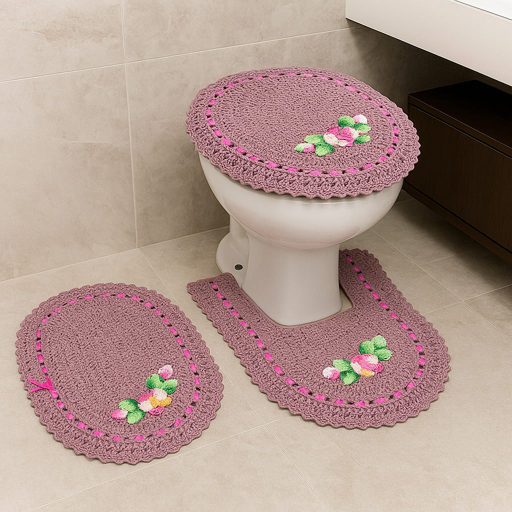 Jogo de Banheiro em Crochê 3 Peças Colorido com Fita Bordado – Artesanal e 100% Algodão