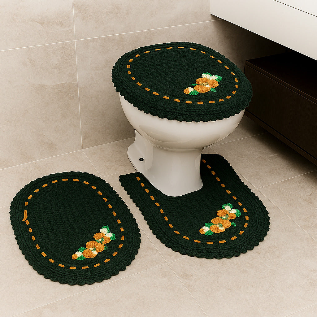 Jogo de Banheiro em Crochê 3 Peças Colorido com Fita Bordado – Artesanal e 100% Algodão