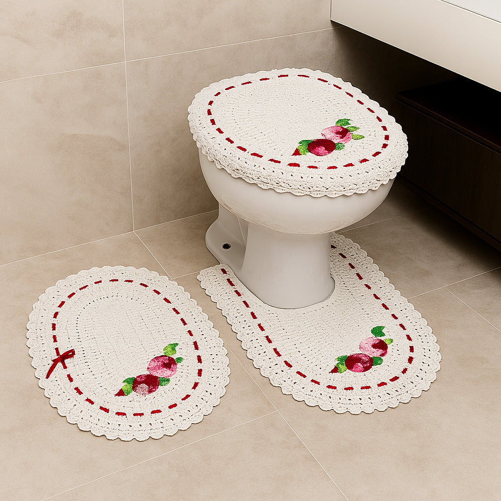 Jogo de Banheiro em Crochê 3 Peças Colorido com Fita Bordado – Artesanal e 100% Algodão
