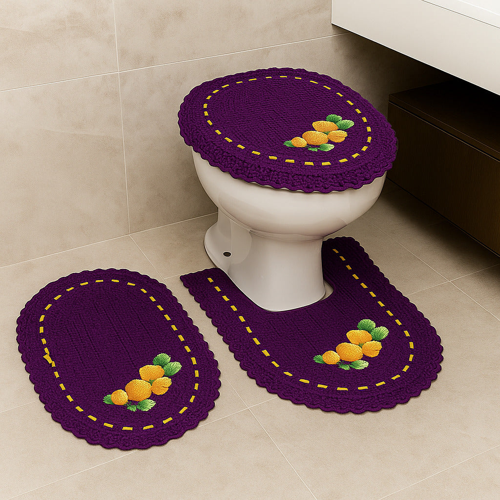 Jogo de Banheiro em Crochê 3 Peças Colorido com Fita Bordado – Artesanal e 100% Algodão