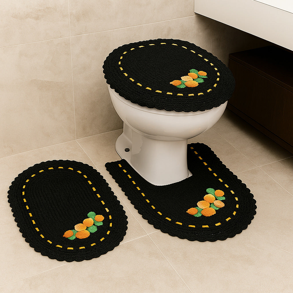 Jogo de Banheiro em Crochê 3 Peças Colorido com Fita Bordado – Artesanal e 100% Algodão