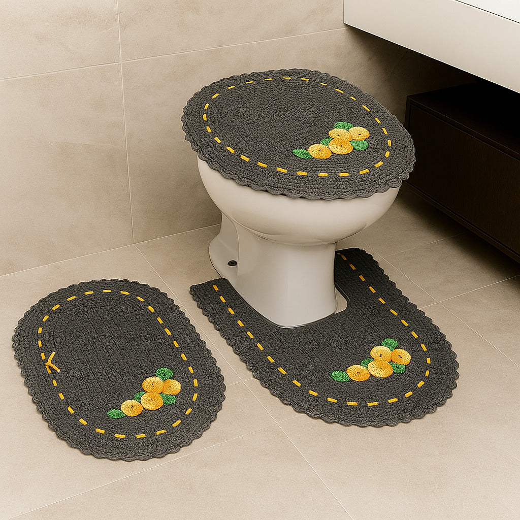 Jogo de Banheiro em Crochê 3 Peças Colorido com Fita Bordado – Artesanal e 100% Algodão