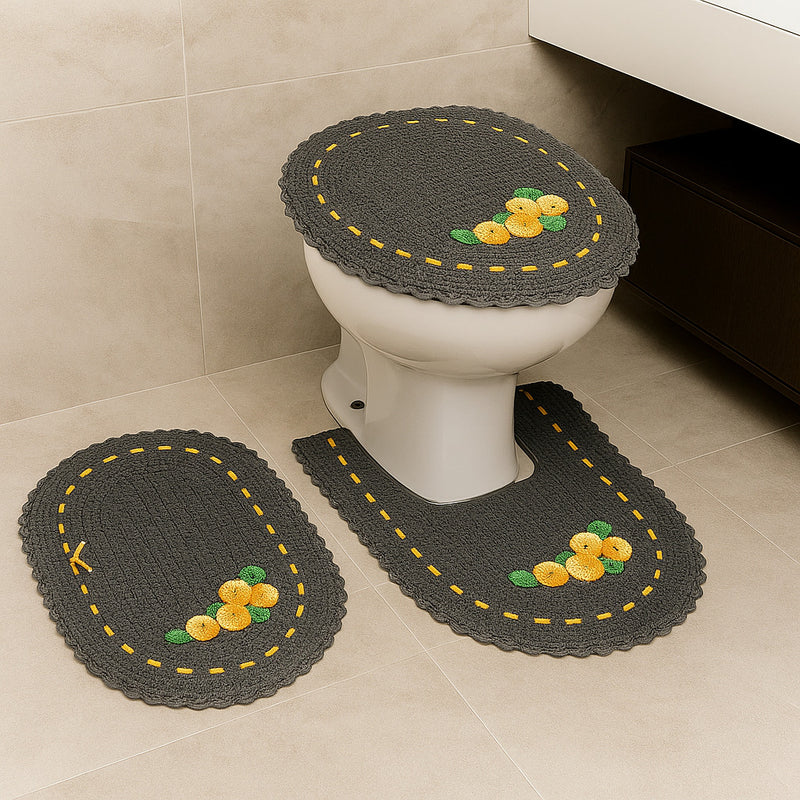 Jogo de Banheiro em Crochê 3 Peças Colorido com Fita Bordado – Artesanal e 100% Algodão