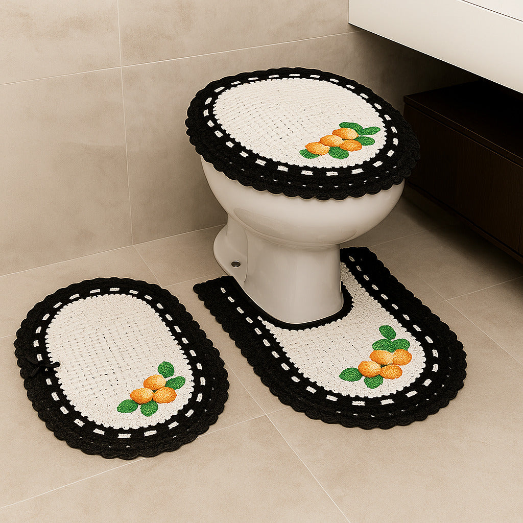 Jogo de Banheiro em Crochê 3 Peças Colorido com Fita Bordado – Artesanal e 100% Algodão
