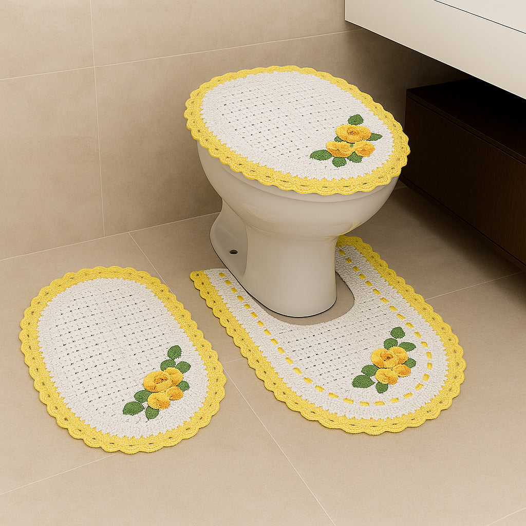 Jogo de Banheiro em Crochê 3 Peças Colorido com Fita Bordado – Artesanal e 100% Algodão