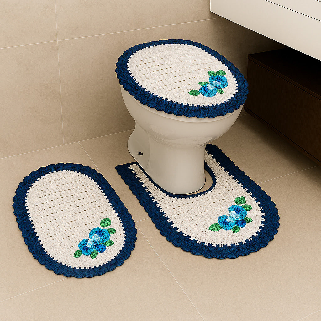 Jogo de Banheiro em Crochê 3 Peças Colorido com Fita Bordado – Artesanal e 100% Algodão