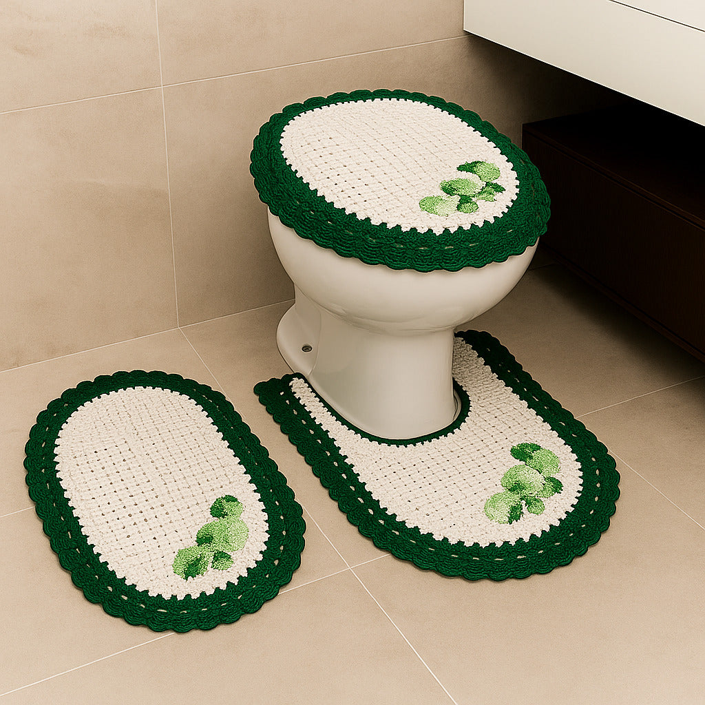 Jogo de Banheiro em Crochê 3 Peças Colorido com Fita Bordado – Artesanal e 100% Algodão
