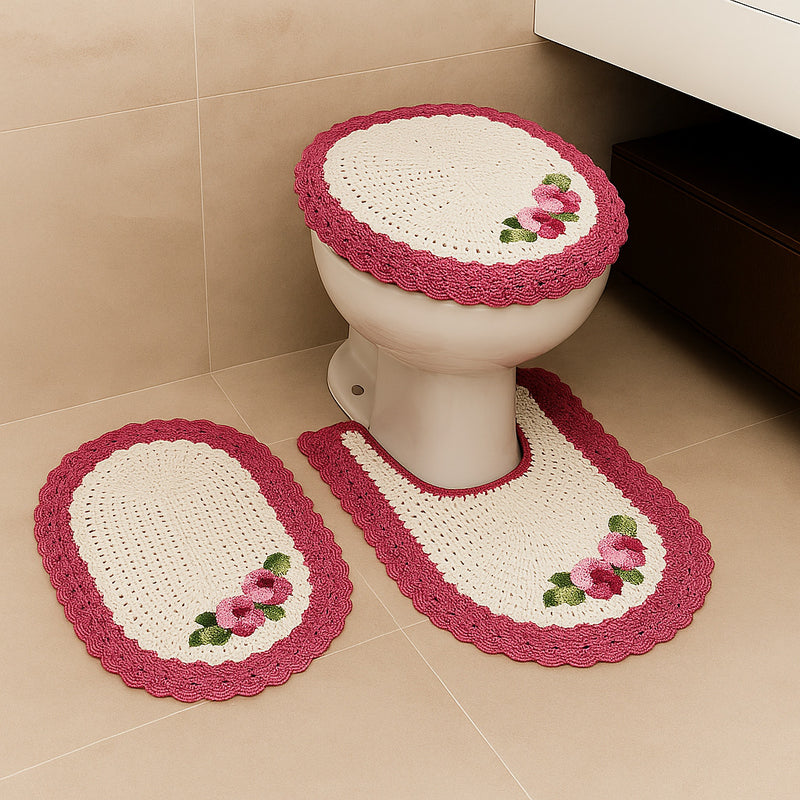 Jogo de Banheiro em Crochê 3 Peças Colorido com Fita Bordado – Artesanal e 100% Algodão