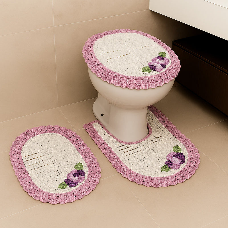 Jogo de Banheiro em Crochê 3 Peças Colorido com Fita Bordado – Artesanal e 100% Algodão