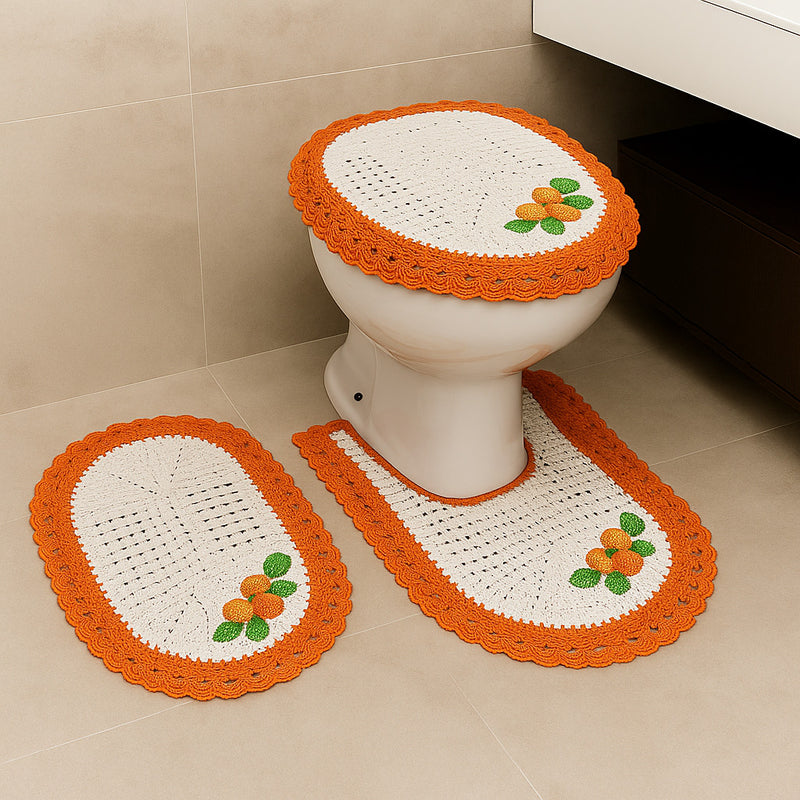 Jogo de Banheiro em Crochê 3 Peças Colorido com Fita Bordado – Artesanal e 100% Algodão