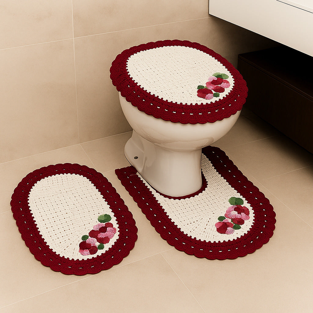 Jogo de Banheiro em Crochê 3 Peças Colorido com Fita Bordado – Artesanal e 100% Algodão