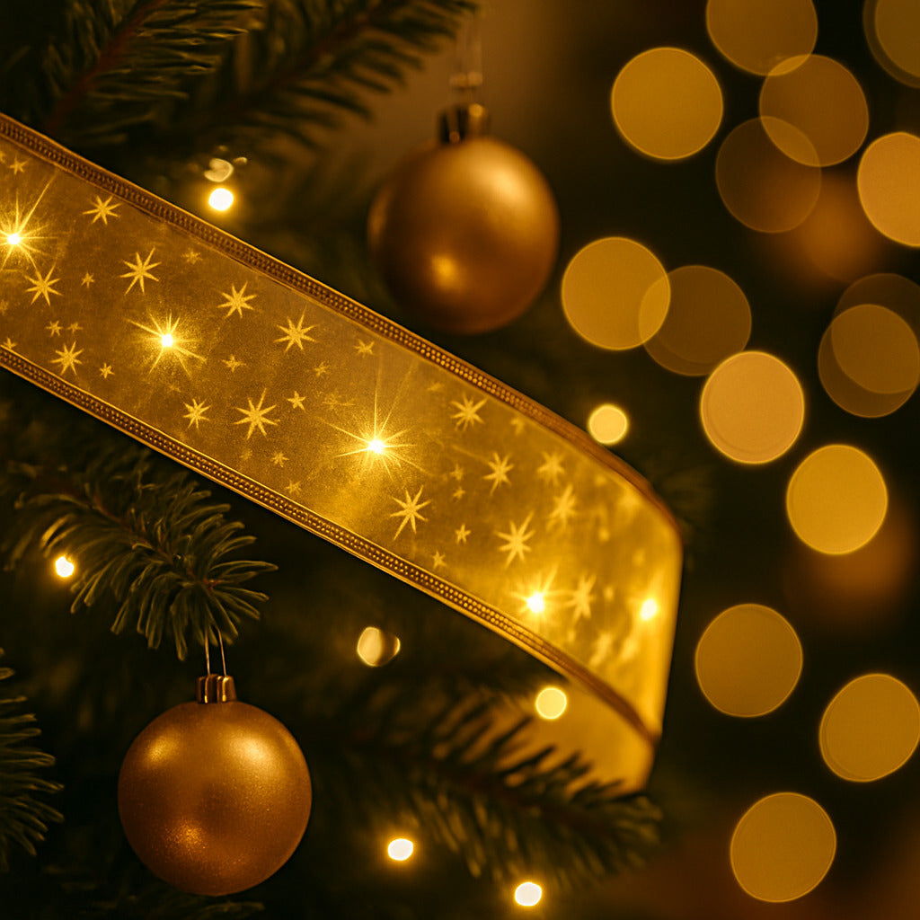 Laço de Fita de Natal com Luzes LED 10m – Decoração Iluminada para Árvore e Ambiente