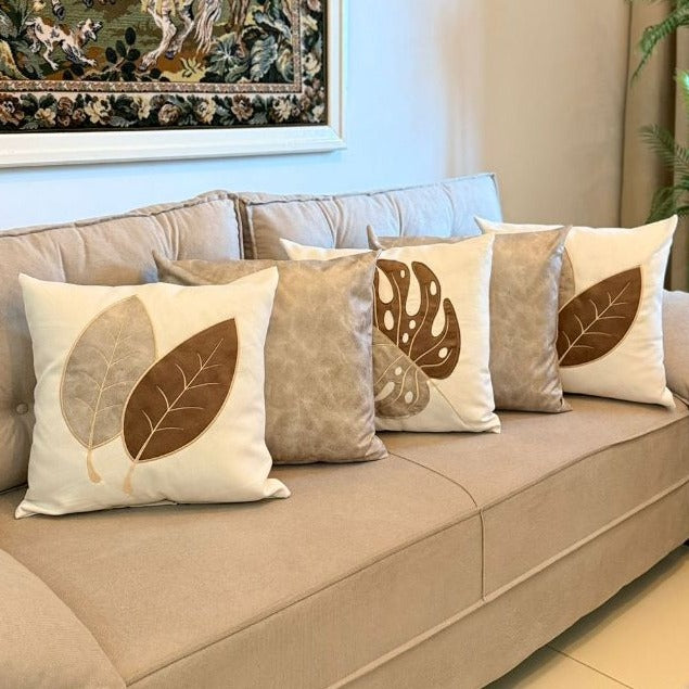 Kit 5 Almofadas para Sofá Decorativas 45x45 em Linho e Couro Sintético – Boho Terracota