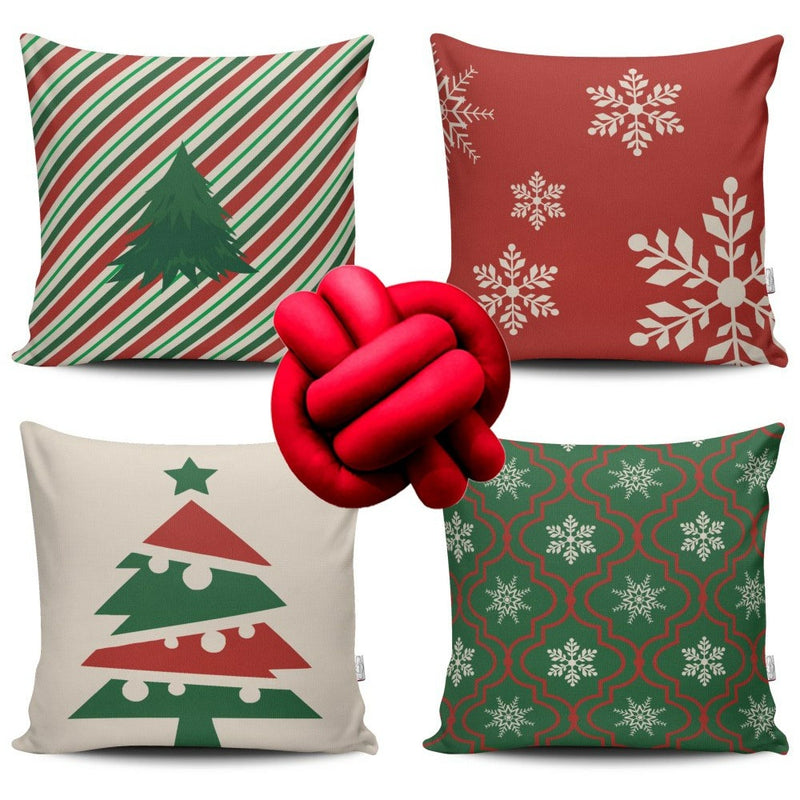 Kit 4 Capas de Almofada Natal + Almofada Nó Premium 45x45cm