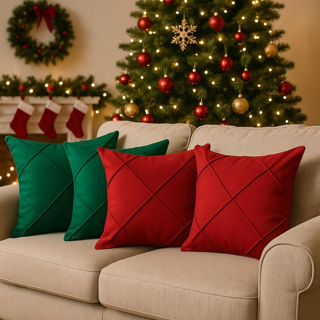 Kit 4 Capas de Almofada Natal Suede Drapeada 45x45cm – Decoração Natalina Premium