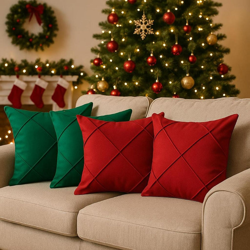 Kit 4 Capas de Almofada Natal Suede Drapeada 45x45cm – Decoração Natalina Premium